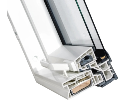 Coupe transversale d''une fenêtre en plastique avec cadre en bois et verre