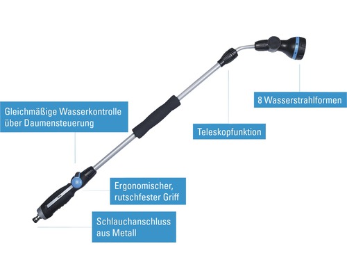 Teleskop-Gartenbrause mit acht Strahlformen, Daumensteuerung und Metall-Schlauchanschluss
