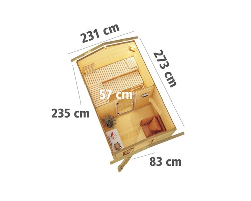 Draufsicht einer Sauna mit Maßangaben der Länge und Breite