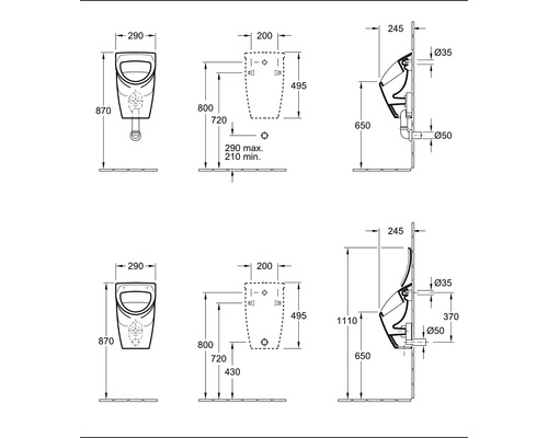 Dessin technique d''un urinoir avec indications de dimensions