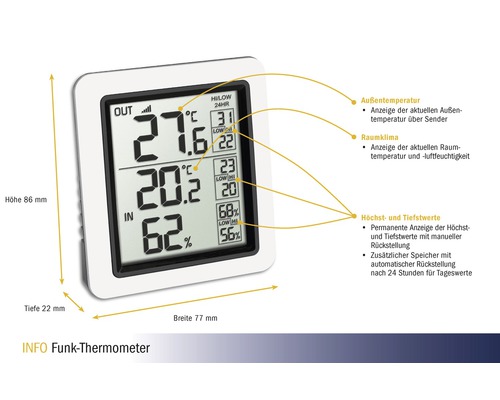 Funk-Thermometer innen/außen digital kabellos, ohne Batterie
