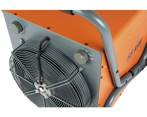 Vue détaillée d''un radiateur électrique avec ventilateur, régulateur de température et grille de protection.