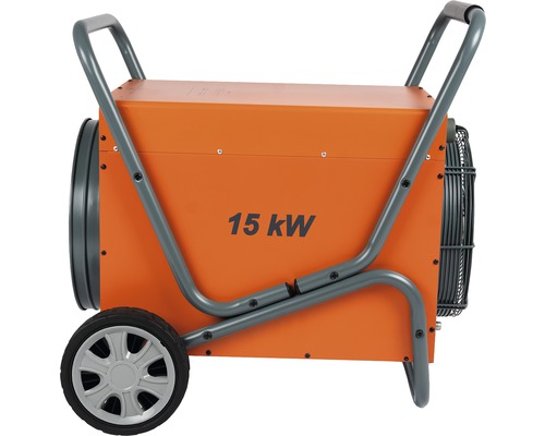Chauffage électrique d''une puissance de 15 kilowatts avec roues pour un transport facile.