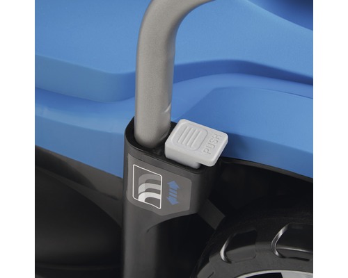 Vue détaillée d''un chariot à bras avec une poignée de poussée et un bouton de verrouillage