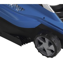 Vue détaillée d''une tondeuse à gazon avec roue et boîtier