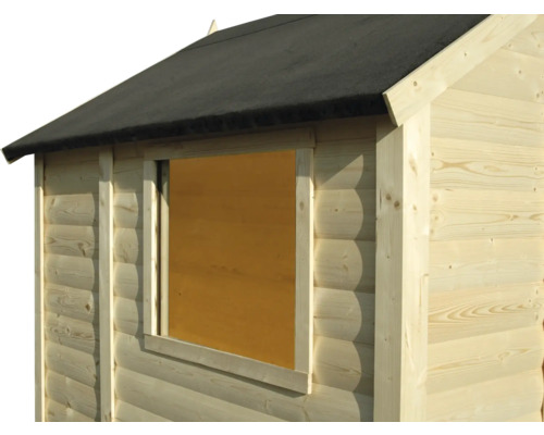 Detailansicht eines Gartenhauses mit Holzwand und Dachpappe