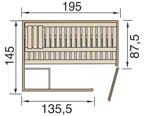 Technische Zeichnung einer Sauna mit den Maßen 195 x 135,5 x 145 x 87,5 cm.