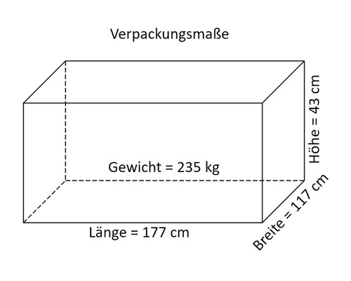 Verpackungsmaße: Länge 177 cm, Breite 117 cm, Höhe 43 cm, Gewicht 235 kg