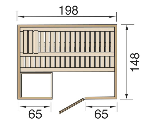 Technische Zeichnung einer Sauna mit Maßangaben