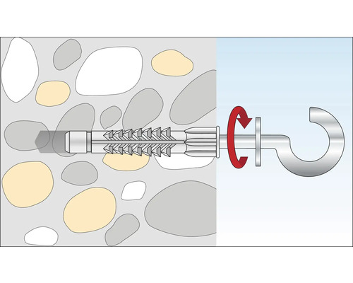 Illustration d''une fixation pour charges lourdes avec vis à crochet dans un mur