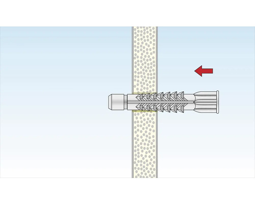 Illustration d''une fixation par cheville dans un mur avec une flèche rouge indiquant la direction.
