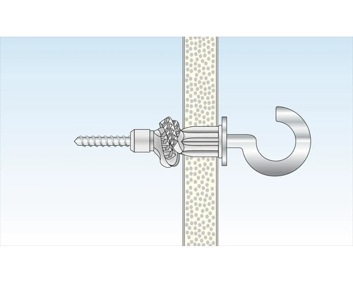 Illustration d''une cheville pour plaques de plâtre avec vis et crochet dans un mur.
