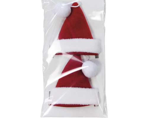 Deux bonnets de Noël rouges avec bordure en fausse fourrure blanche dans un emballage transparent.