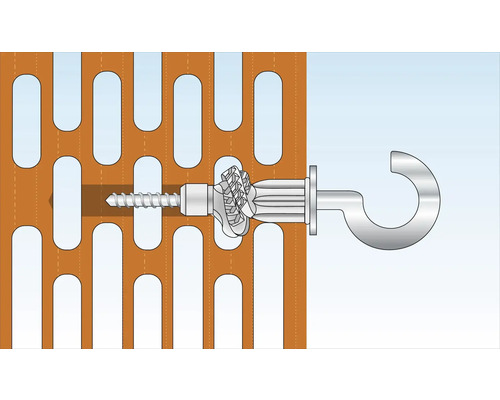 Cheville pour corps creux avec vis et crochet pour fixation dans une plaque perforée