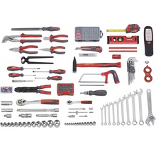 Werkzeugsortiment mit Zangen, Schraubendrehern, Hammer, Säge, Schraubenschlüsseln und weiterem Zubehör