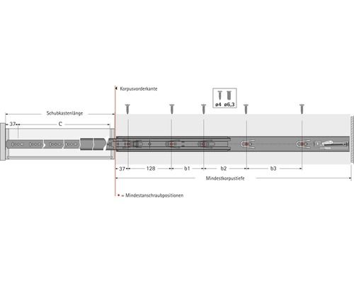 Technische Zeichnung einer Schubladenschiene mit Maßangaben für Schubkastenlänge und Mindestkorpustiefe.