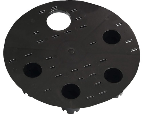 Soucoupe noire et ronde pour pots de fleurs avec trous de drainage et d''aération.