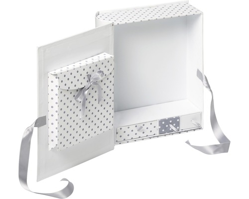 Boîte cadeau ouverte avec tiroirs et ruban