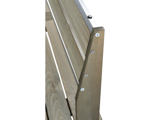 Detailansicht eines Hochbeets mit Holzstruktur und Schrauben