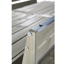 Detailansicht einer Holzgartenbank mit Schrauben und Metallleiste