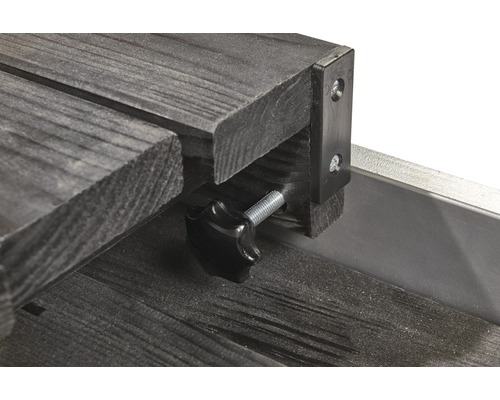 Vue détaillée d''une construction en bois avec vis de réglage et connecteur d''angle.