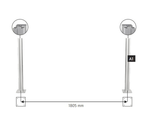 Illustration de deux poteaux métalliques espacés de 1805 millimètres.
