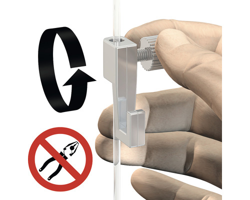 Befestigungssystem mit Drehfunktion und dem Symbol für die Verwendung ohne Zange