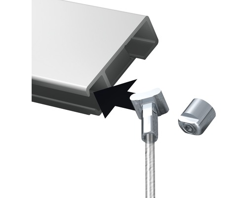 Detailansicht eines Schienensystems mit Drahtseilaufhängung zur Deckenmontage.