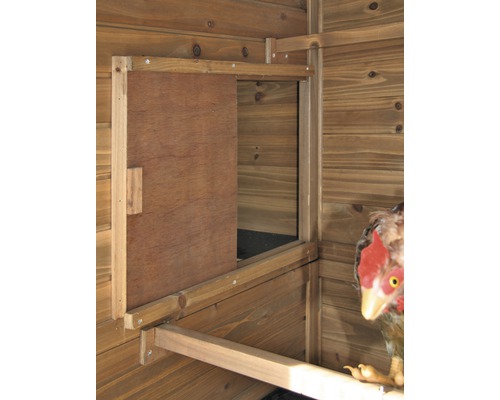 Vue détaillée d''un poulailler avec une porte en bois partiellement ouverte et une barre