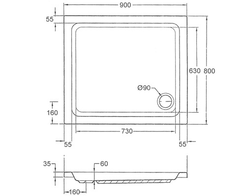 Technische Zeichnung einer Duschwanne mit Maßangaben