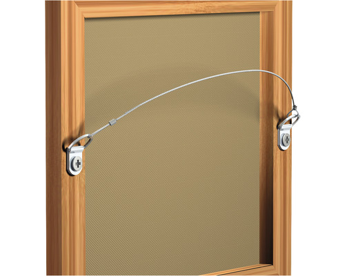 Bildaufhängung mit Drahtseil an Holzrahmen