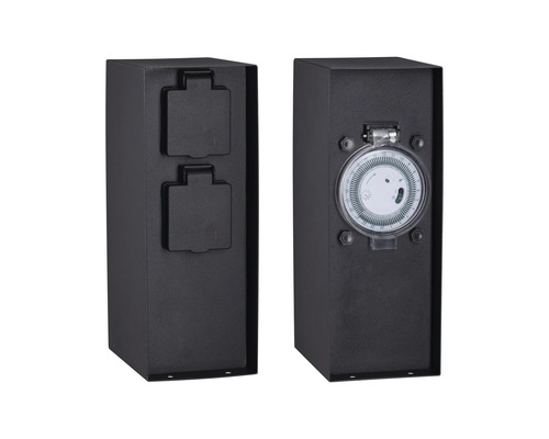 Prise de jardin 2 emplacements anthracite avec minuterie H 230 mm Deux minuteries extérieures noires avec prises et minuteur.