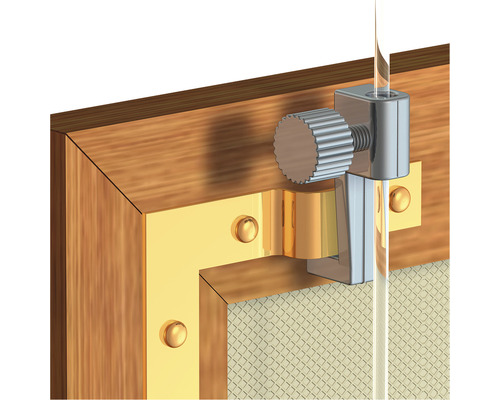Detailansicht einer Glasschiebetürhalterung mit Schraube an einem Holzrahmen