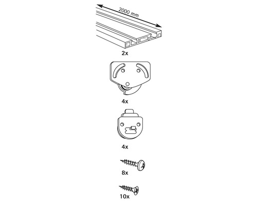 Image d''un kit de ferrures pour porte coulissante comprenant deux rails de 2000 mm de long, quatre roulettes, quatre butées, huit vis et dix vis