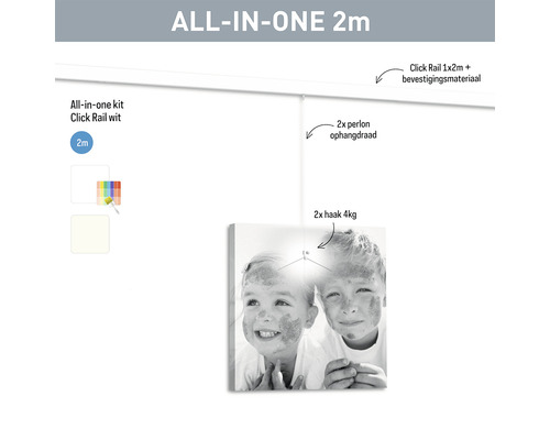 All-in-one Set mit Klickschiene, zwei Meter lang, inklusive Befestigungsmaterial, zwei Perlonaufhängungen und zwei Haken für je vier Kilogramm