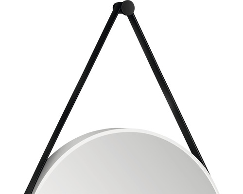 Vue détaillée d''un miroir rond avec suspension noire