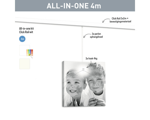 Kit complet comprenant un rail à clipser, du matériel de fixation, un fil de suspension et des crochets pour les photos jusqu''à quatre kilogrammes