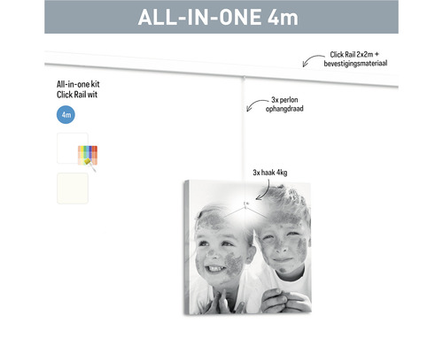 Kit complet avec rail à clip blanc de quatre mètres de long, matériel de fixation inclus, trois fils de suspension en perlon et trois crochets pour une charge de quatre kilogrammes
