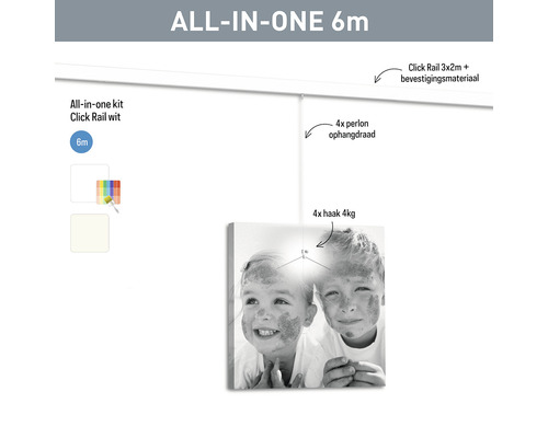 Kit complet pour accrocher des tableaux avec rail, cordons en perlon et crochets