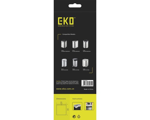 EKO Logo. Verpackung mit Abmessungen, Anweisungen und kompatiblen Mülleimermodellen.
