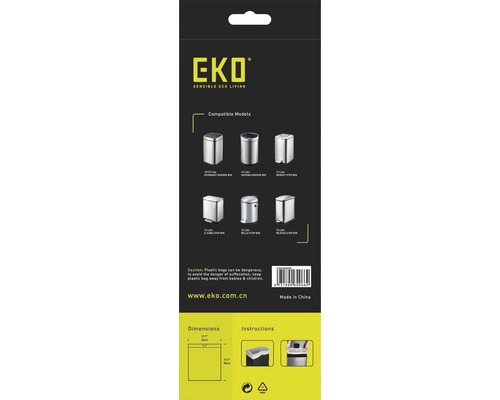 EKO Sensible Eco Living Verpackung mit Hinweisen zur Kompatibilität, Abmessungen und Anwendung