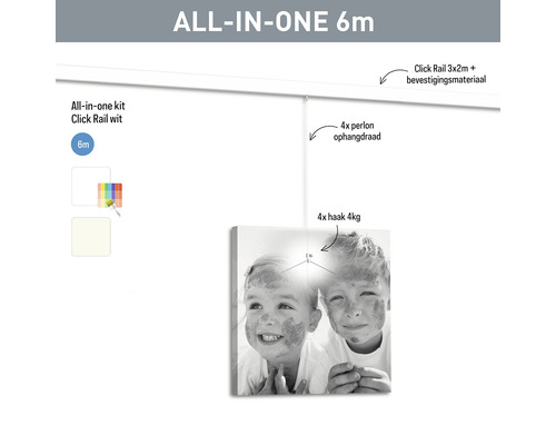 Système d''accrochage complet avec rail clic blanc, trois rails de deux mètres de long, quatre câbles en perlon et quatre crochets jusqu''à quatre kilogrammes de capacité de charge