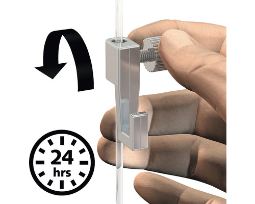 Vue détaillée d''un système d''accrochage de tableaux avec mécanisme rotatif, symbole 24 heures et flèche