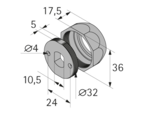 Technische Zeichnung einer Mutter mit Dichtung und den dazugehörigen Maßen.