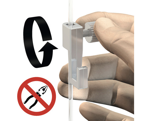 Illustration d''un crochet de cadre sur un rail de galerie avec symbole de direction de rotation et symbole de pince pour non-utilisation