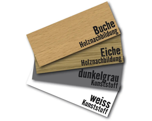 Musterkarten aus Holz und Kunststoff in Buche, Eiche, Dunkelgrau und Weiss