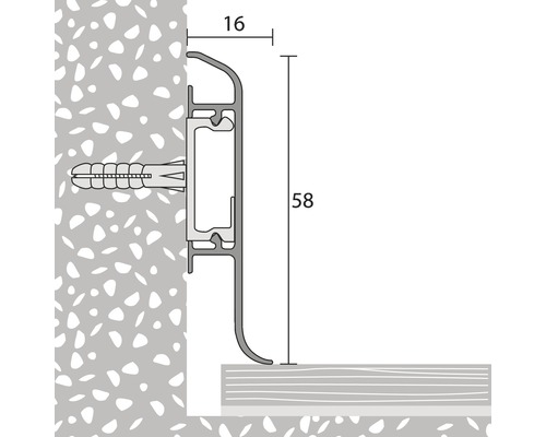 Illustration d''un profil de plinthe avec les dimensions 16 et 58 millimètres.