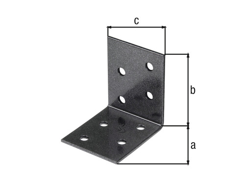 Equerre avec dimensions a, b et c et quatre trous chacune