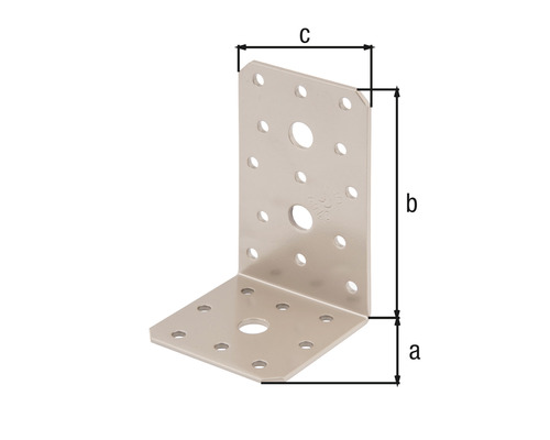 Connecteur d''angle avec perforations et indications de dimensions a, b, c pour la fixation