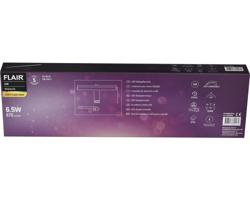 Verpackung einer Flair LED Spiegelleuchte Rasalas mit 6,5 Watt und 870 Lumen